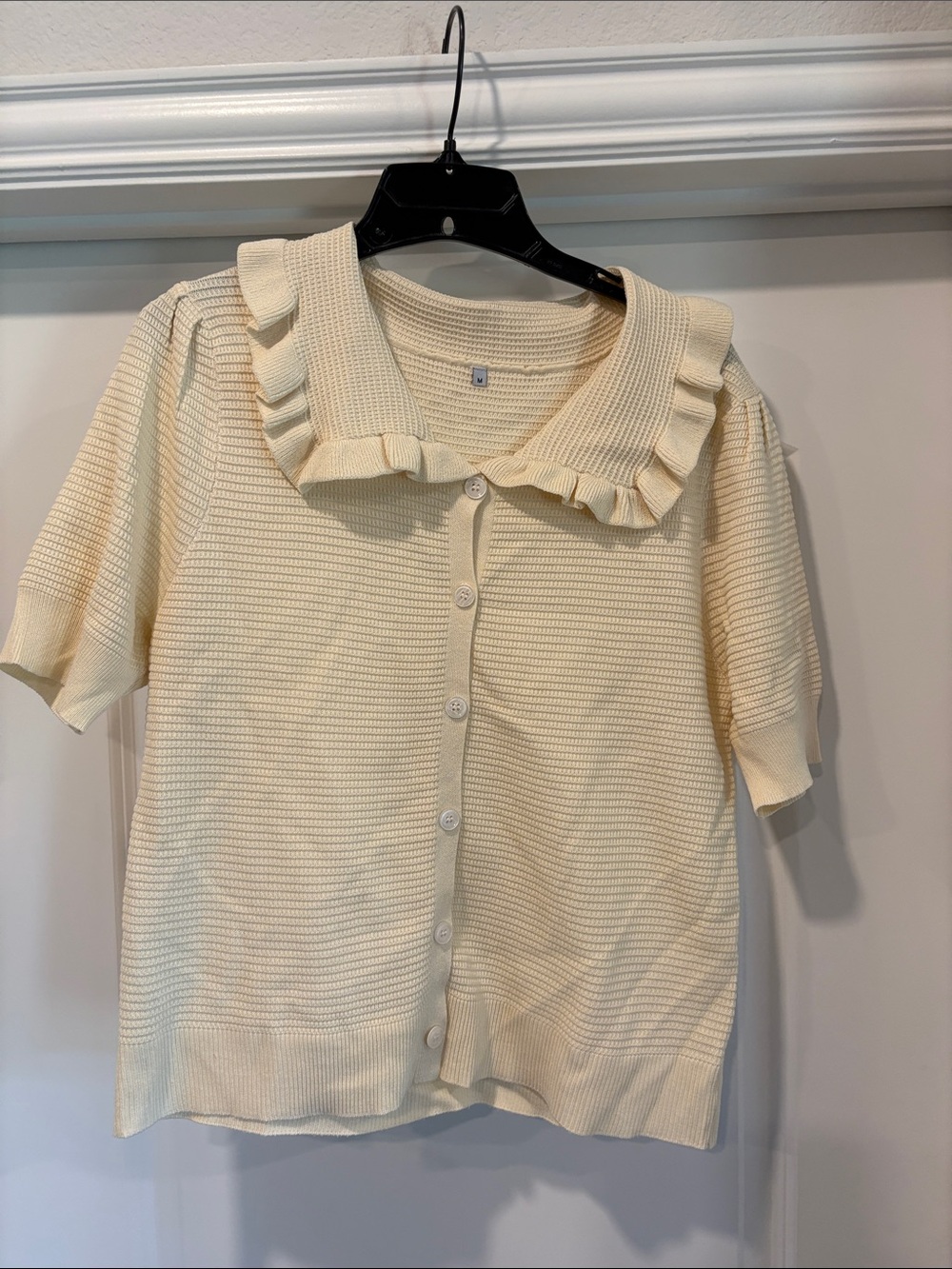 Cream Ruffle Collar Button-Up Knit Top